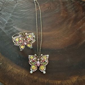 Betsey Johnson rare butterfly crystal necklace bracelet combo
